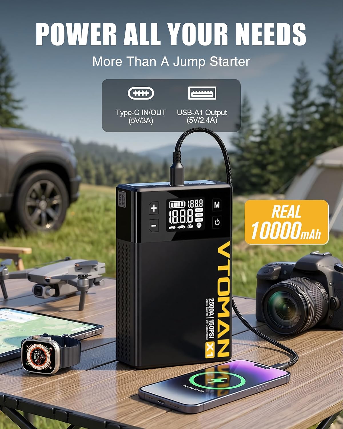 VTOMAN X1 Jump Starter with Air Compressor for Up to 8.5L Gas/6L Diesel