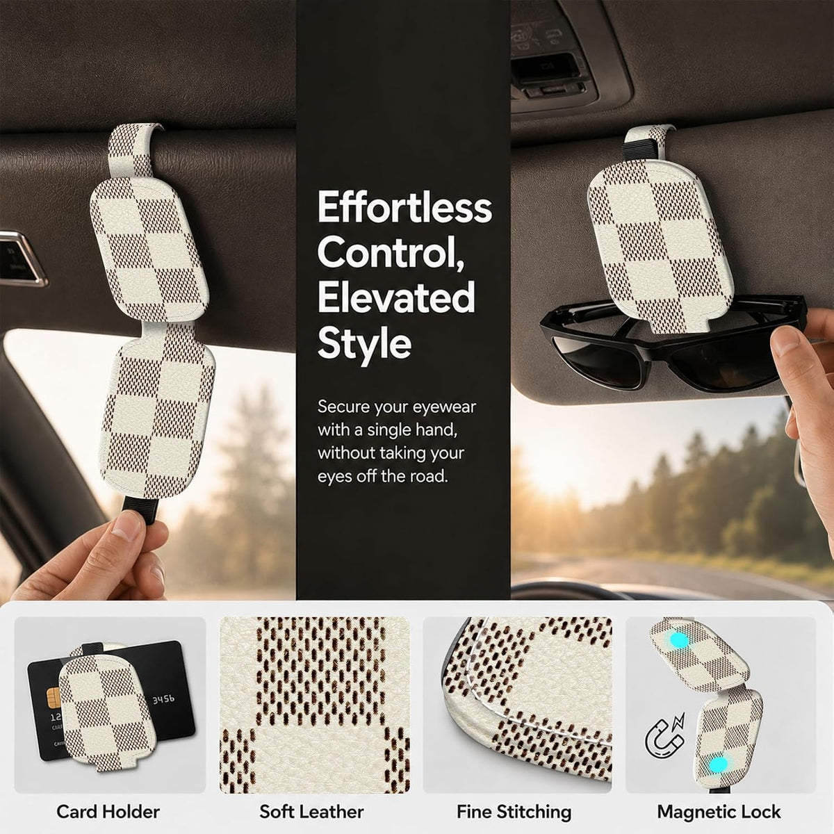 Sunglasses Holder for Car Visor, PU Leather Glasses Clip Organizer, Cute Magnetic Eyeglass Holder for Vehicle Sun Visor, Car Interior Accessory for Women & Men, Beige Check