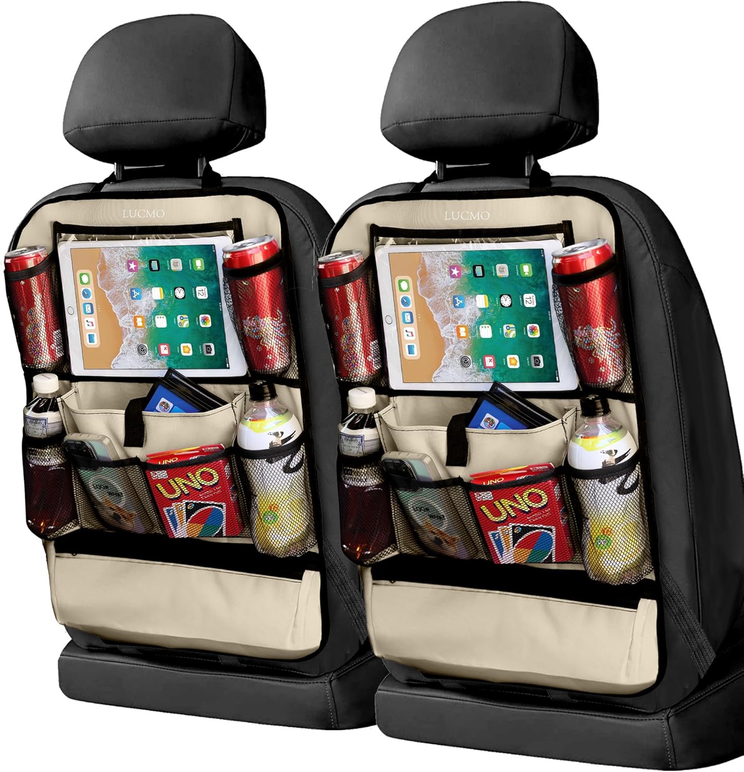 LUCMO Car Backseat Organizer with Touch Screen Tablet Holder, Beige | 2 Pcs,9 Storage Pockets,Clear Tablet Holder,Protectors Kick Mats,Travel Accessories,Seat Cover,Road Trip Essentials