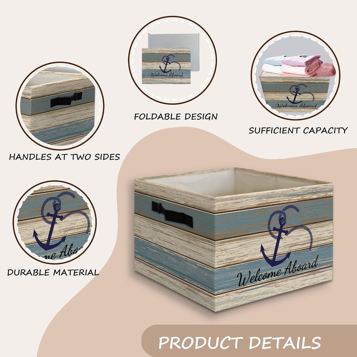 Vintage Nautical Anchor Foldable Storage Bins Box with Handles, Welcome Aboard Ocean Collapsible Organizer Basket for Home Bedroom Bathroom Clothes Toys Books