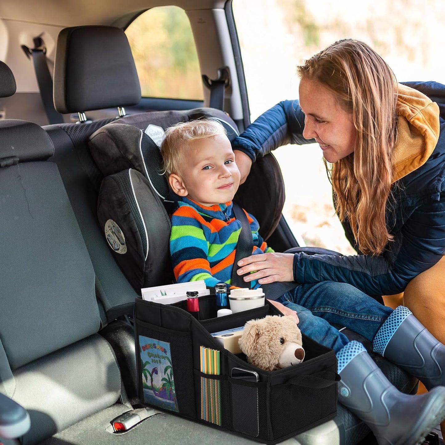 Honeydak Passenger Seat Organizer, Collapsible Car Storage for Console Front/back Seat with Multi-pockets Car Caddy Organizer Suv Truck for Kids Adults Accessories(Black,4 Compartments)