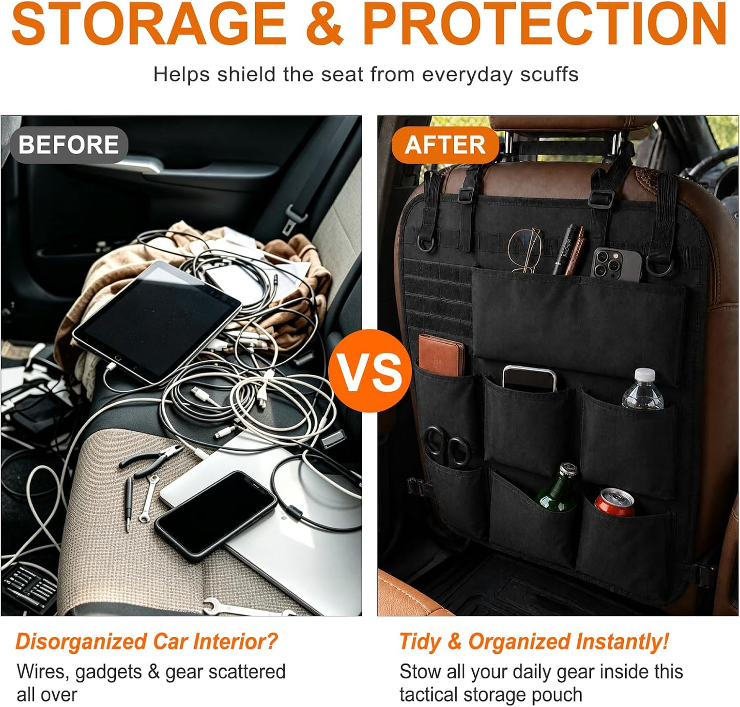 Car Seat Back Organizer, Automotive Back Seat Organizer with 8 Pockets, Hanging Vehicle Backseat Storage Bag, Universal Travel Accessories for Car Jeep SUV Truck, Black