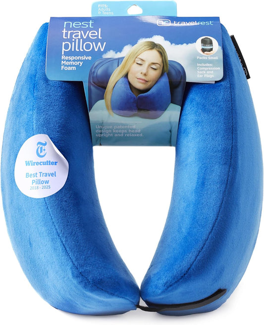 TRAVELREST Sleep Neck Pillow Travel - Travel Essentials, Memory Foam, Neck Support Pillow for Long Flight, Plane Sleeping Accessories, Anti-Slip and Comfortable, Washable, Attaches to Luggage - Blue