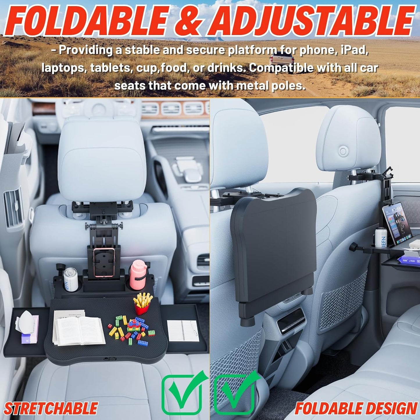 Large Foldable Backseat Tray Table, Car Laptop Desk with Cup Holder, Back Headrest Passenger Food Tray, Phone Tablet Holder, Multifunctional Travel Desk, Car Essentials for Kids & Long Road Trips