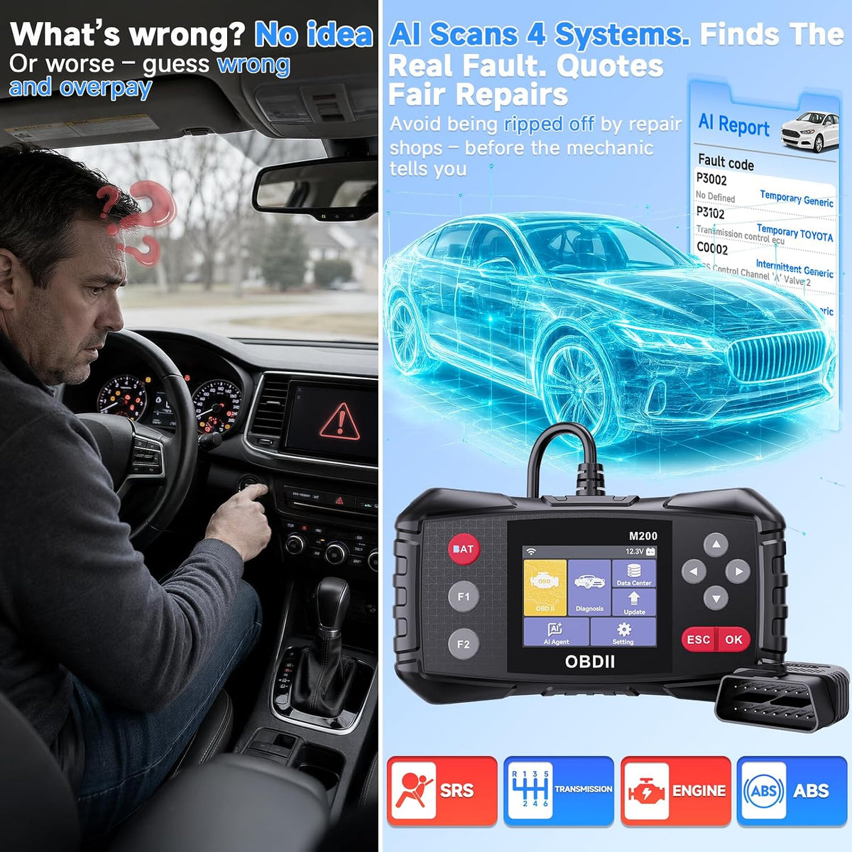 OBD2 Scanner with ABS and SRS Transmission, AI Diagnosis Quick Scan