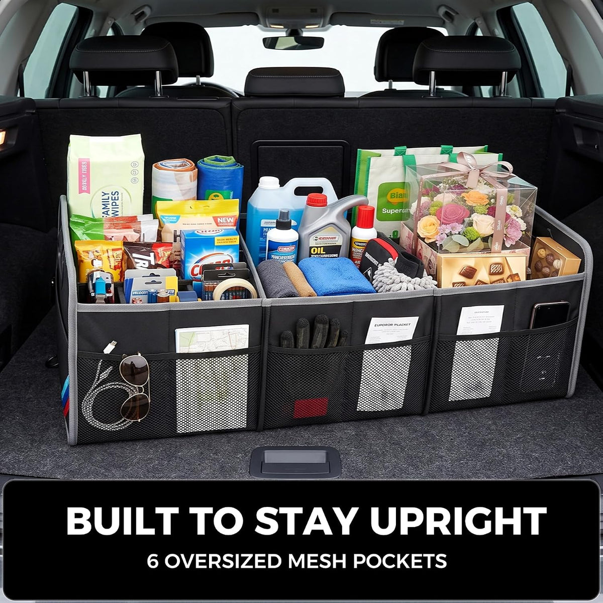 XL Car Trunk Organizer, 4 Compartments, 94L Capacity, Oxford Polyester 600D Material, Easy Fold and Store, Prevents Sliding