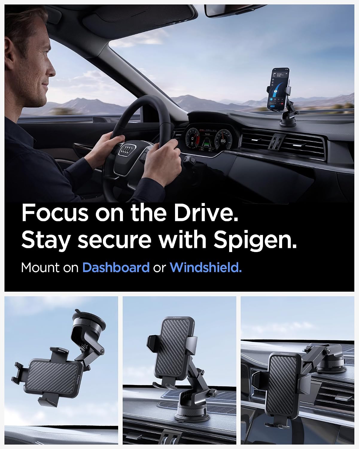 Spigen Carbon Fiber Dashboard Car Mount with Multi-Angle Telescopic Arm