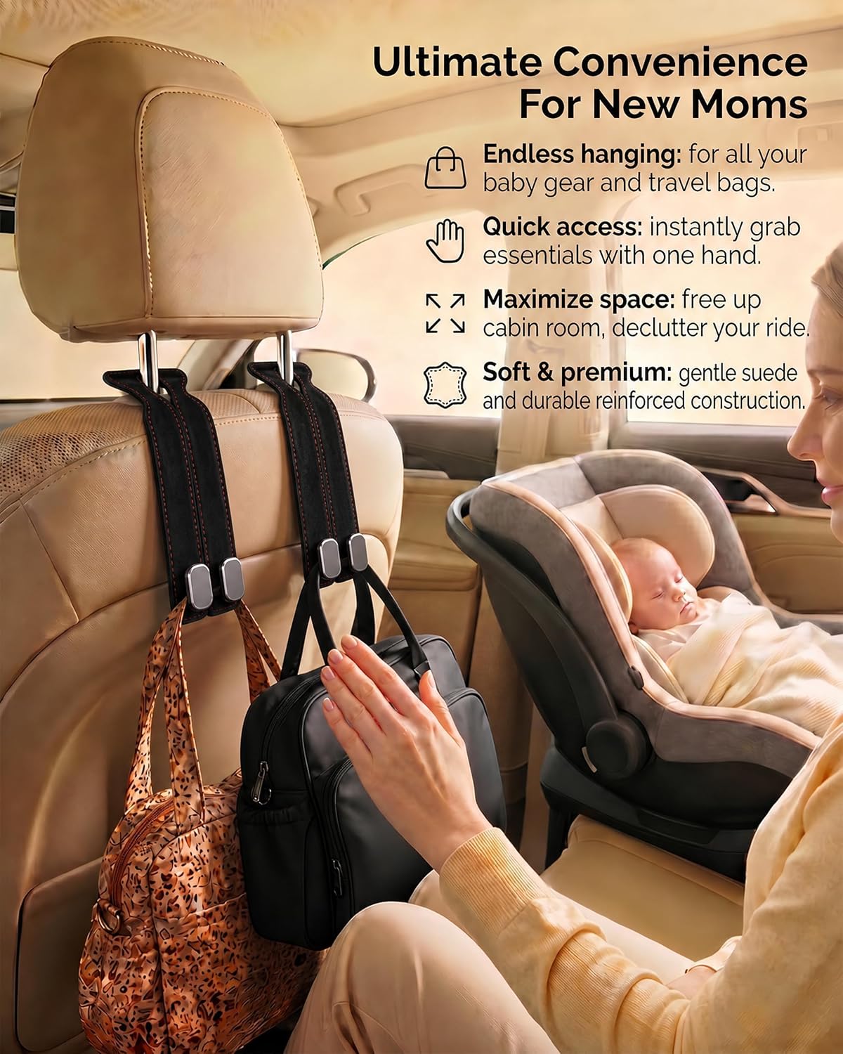 Car Headrest Hooks, 2 Pack Suede Leather Seat Hooks for Purses and Bags, Dual Hook Purse Holder for Seat Back and Passenger Glove Box, Universal Hangers for Handbags, Coats, Groceries, Black