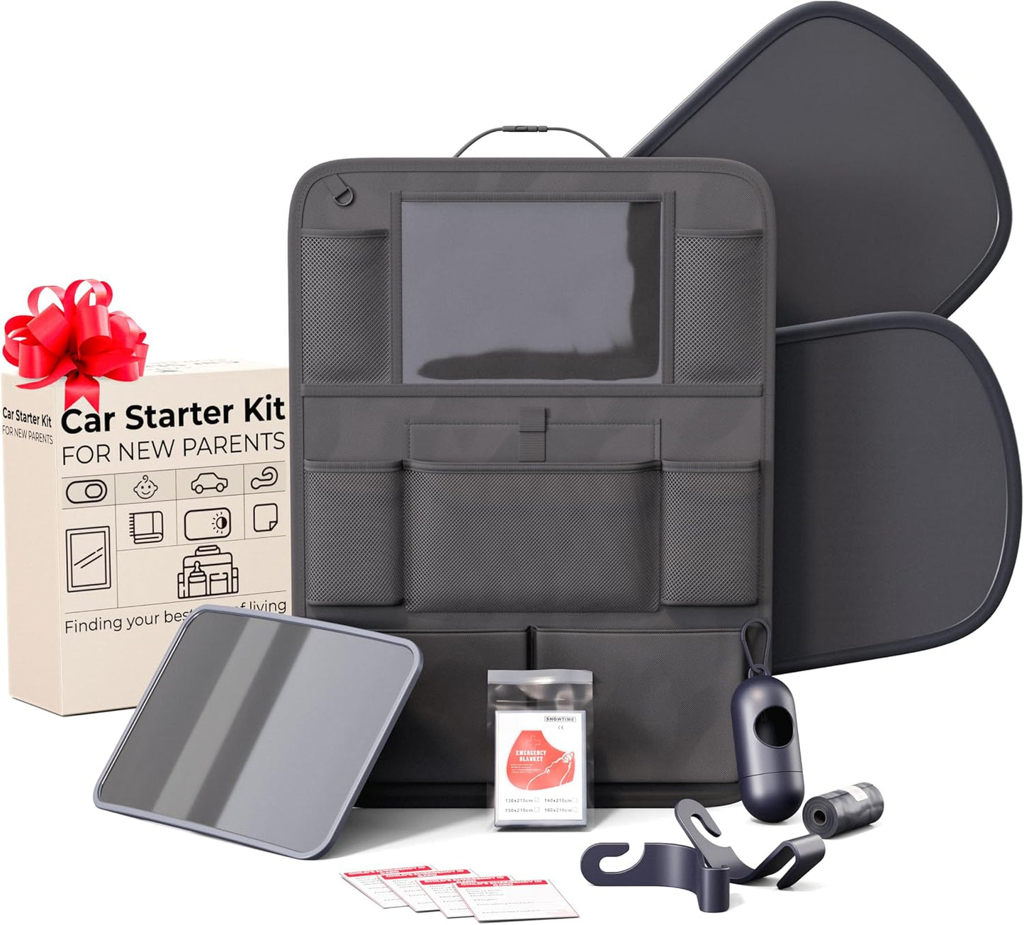 Baby Car Essentials Starter Kit for New Parents w/ 1 Backseat Organizer 2 Window Sun Shades 2 Headrest Hooks 1 Rear Facing CarSeat Mirror – Baby Car Stuff Must Haves & Newborn Essentials