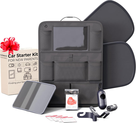 Baby Car Essentials Starter Kit for New Parents w/ 1 Backseat Organizer 2 Window Sun Shades 2 Headrest Hooks 1 Rear Facing CarSeat Mirror – Baby Car Stuff Must Haves & Newborn Essentials