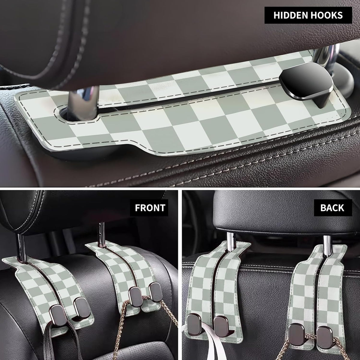 Car Seat Back Storage Headrest Hook, Premium Leather Double Metal Hook, Hanger Storage Organizer for Purse Cloth Bag, Car Interior Accessories Cute Green Plaid
