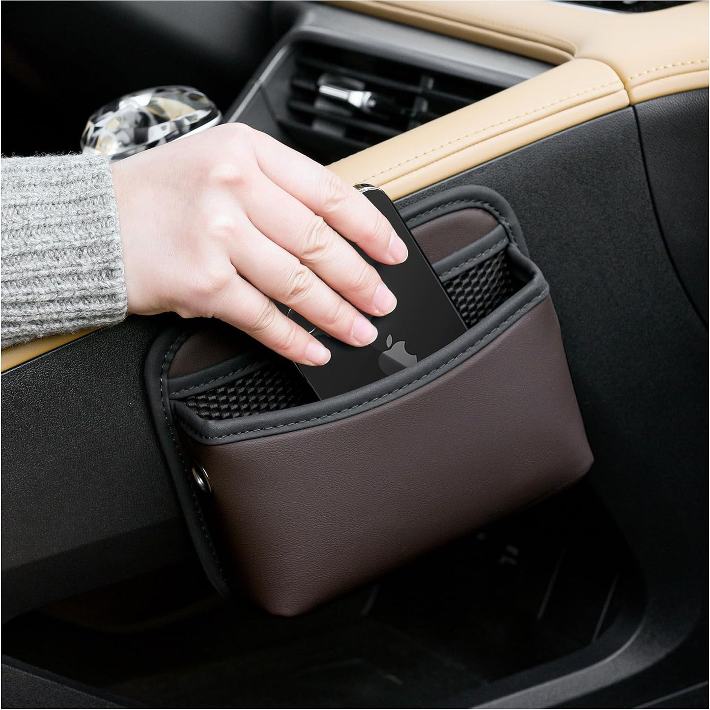 JEYODA Car Seat Side Storage Pocket, Small Organizer,PU Leather Multifunctional Console Side Organizer Bag for Phone, keys, sunglass,wallet,ect (Brown)