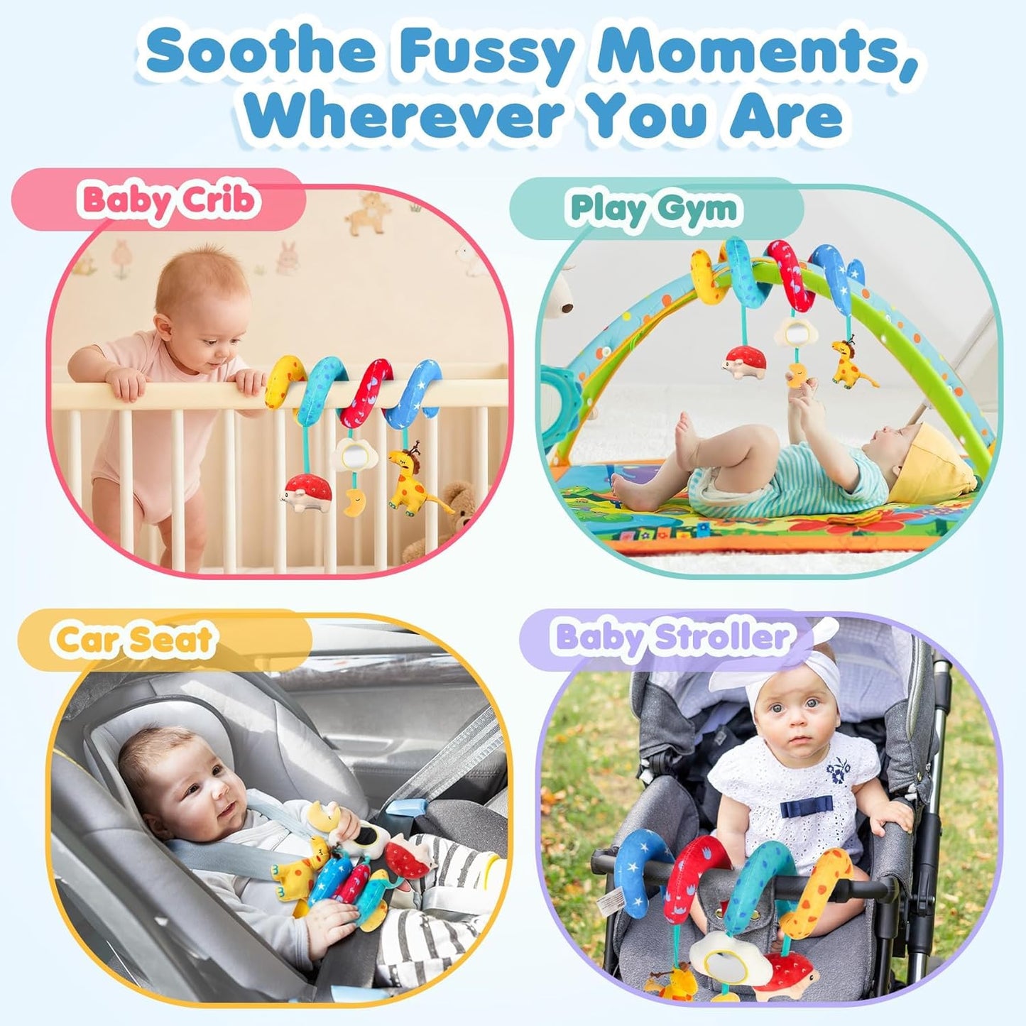 URMYWO Spiral Car Seat Toys for Babies 0-6 Months, Newborn Toys & Infant Toys, 3 Month Baby Toys, Toddler Travel Toys, Sensory Hanging Stroller Toy with Crinkle Mirror, Shower Gifts Essentials