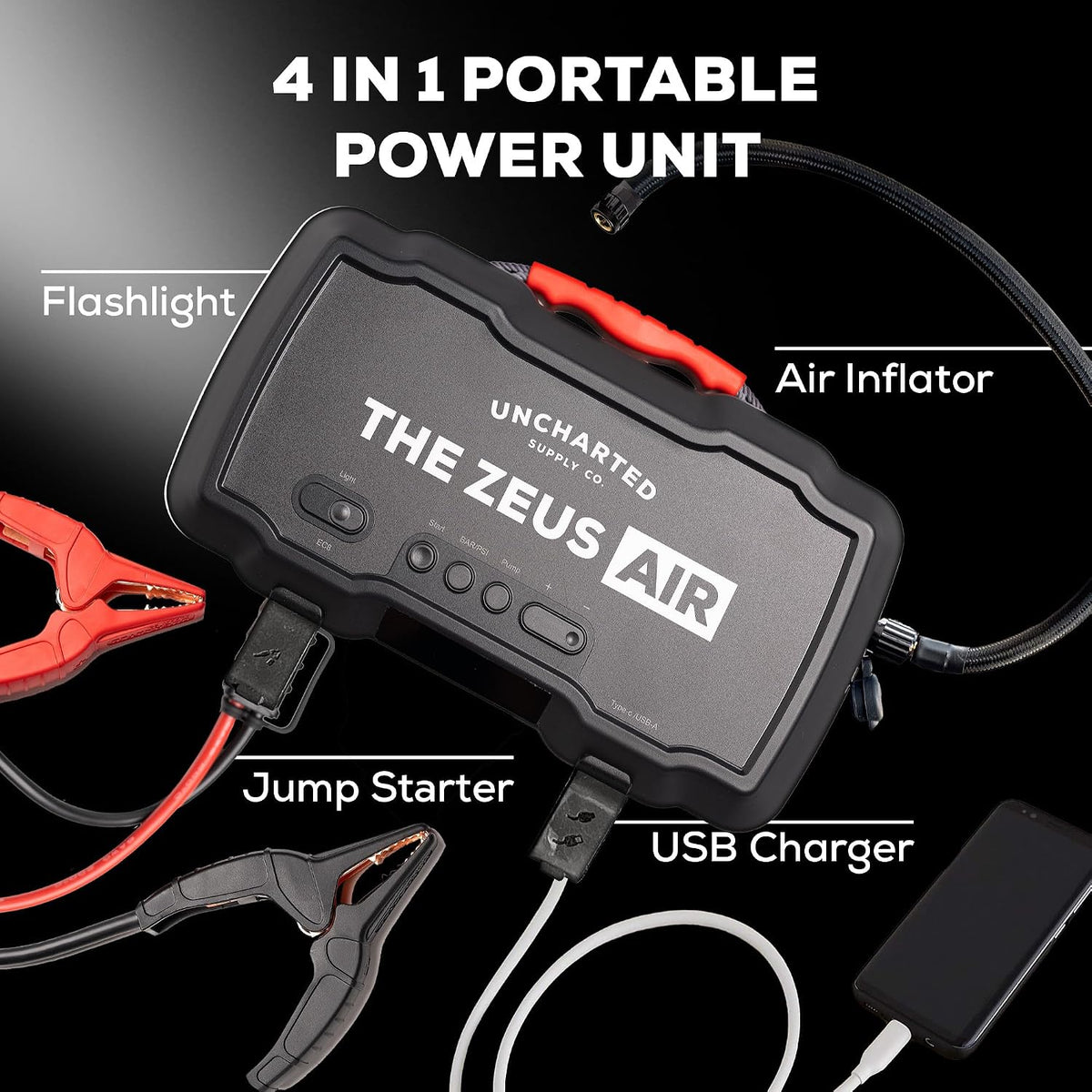 Uncharted Supply Co. Zeus Air, Portable 2000A Jump Starter, 150 PSI Tire Inflator & Compressor, 15,000mAh Power Bank with USB-C Fast Charging & LED Flashlight