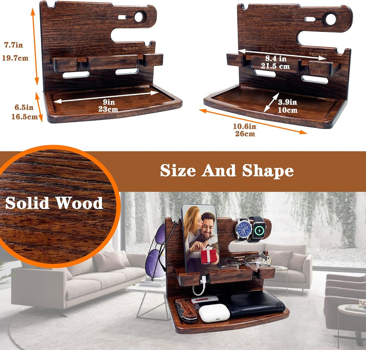 VEIYAILU Gifts for Men Women Dad Husband Boyfriend Wood Phone Docking Station Nightstand Organizer for Men Birthday Gifts (Dark Brown)