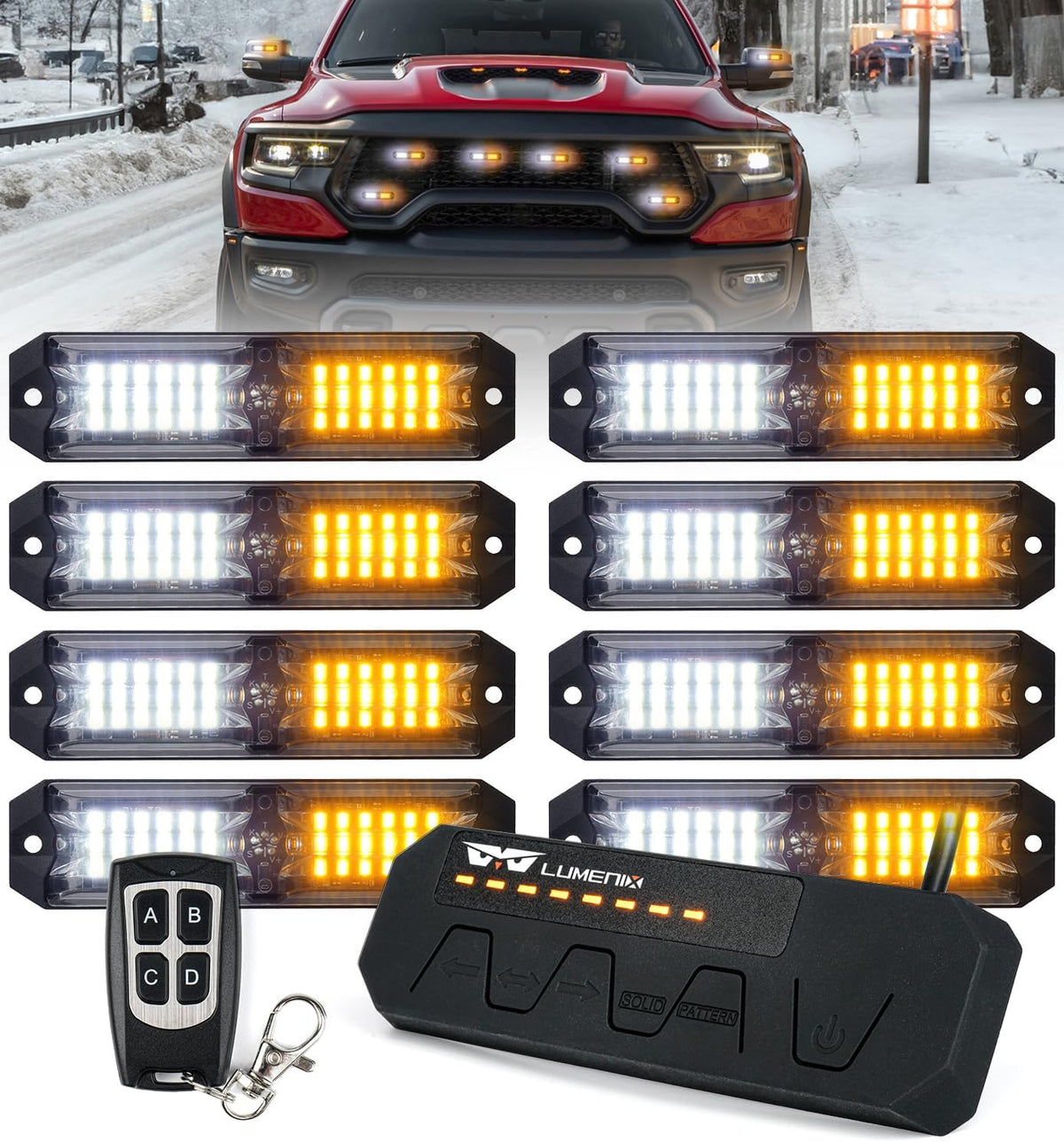LUMENIX Grille Strobe Lights Kits for Trucks w/Controller, 8PCs High-Intensity LED Surface Mount Emergency Construction Vehicles Snowplow Towing Deck Side Marker Flashing Warning Light- Amber White
