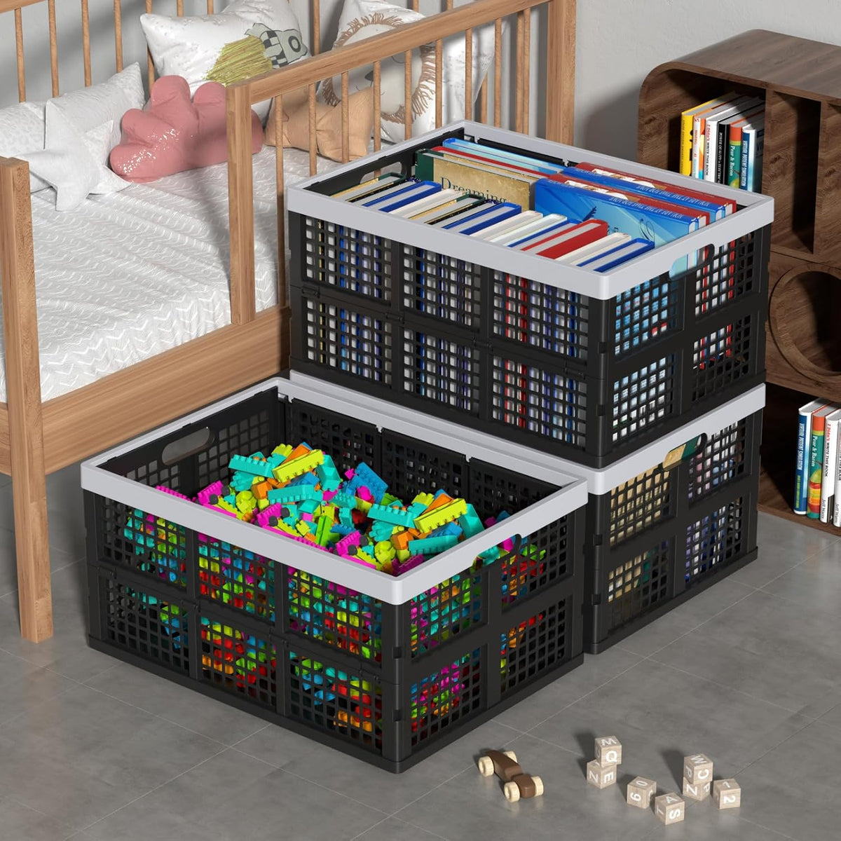 Saedy 66L Plastic Collapsible Folding Storage Crates, 3 Packs