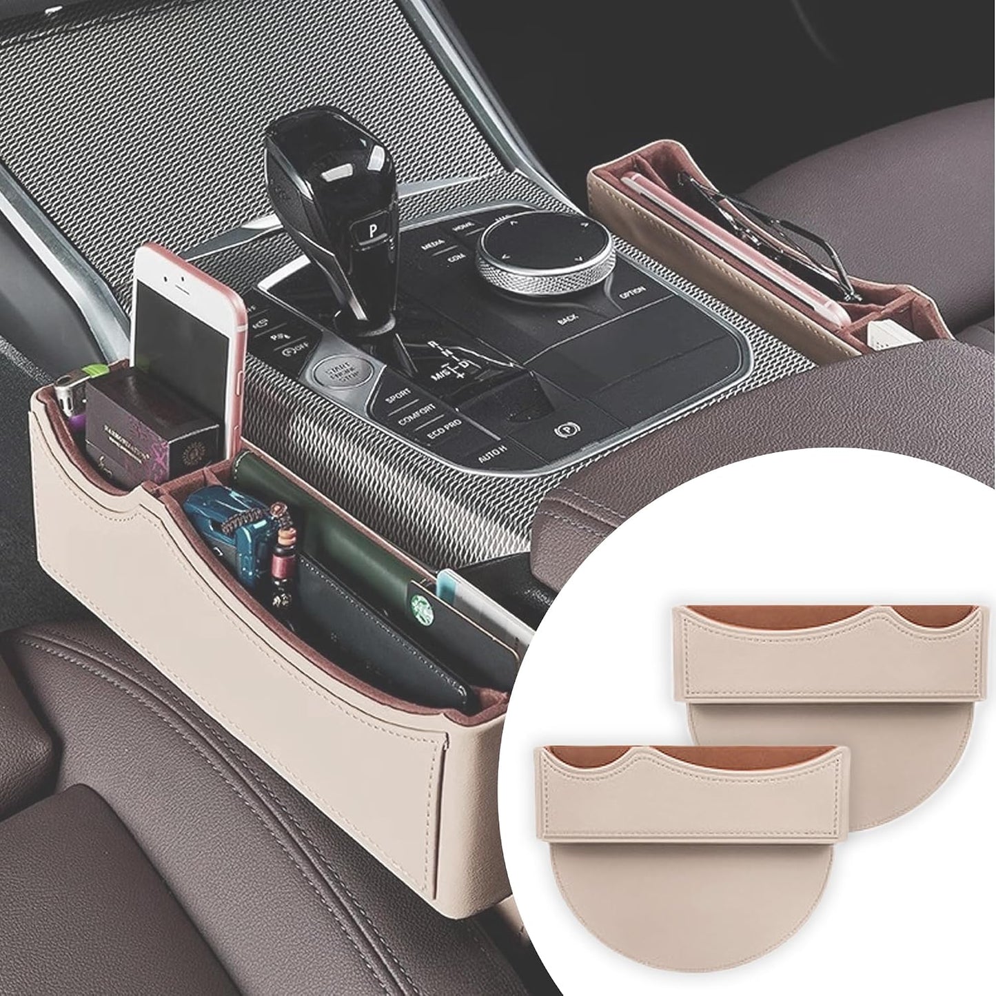 Car Seat Gap Organizer Large Capacity Leather Storage Box with Charging Port Multi-Purpose Car Seat Crevice Storage Solution for Phones Wallets Cards Ideal for Car Organization (Modern, Black-Double)