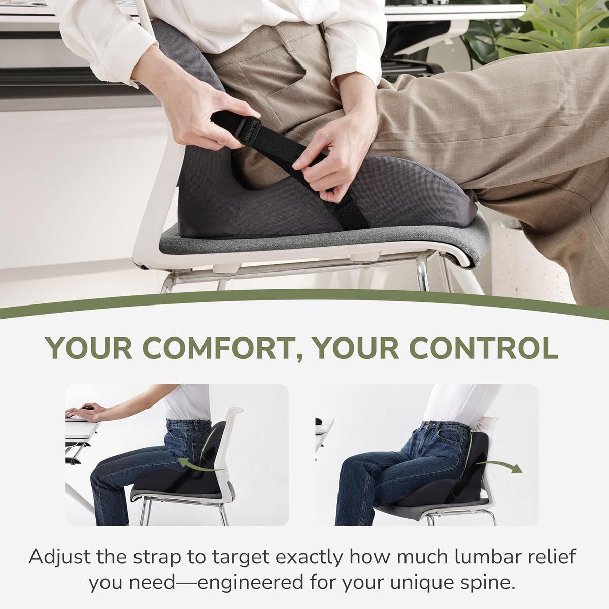 EGOHOME L-Shaped Seat Cushion for Office Chair & Car, Memory Foam Coccyx Cushion with Lumbar Support - Relieves Tailbone, Sciatica, Lower Back Pain, Adjustable Strap & Non-Slip Bottom, Grey