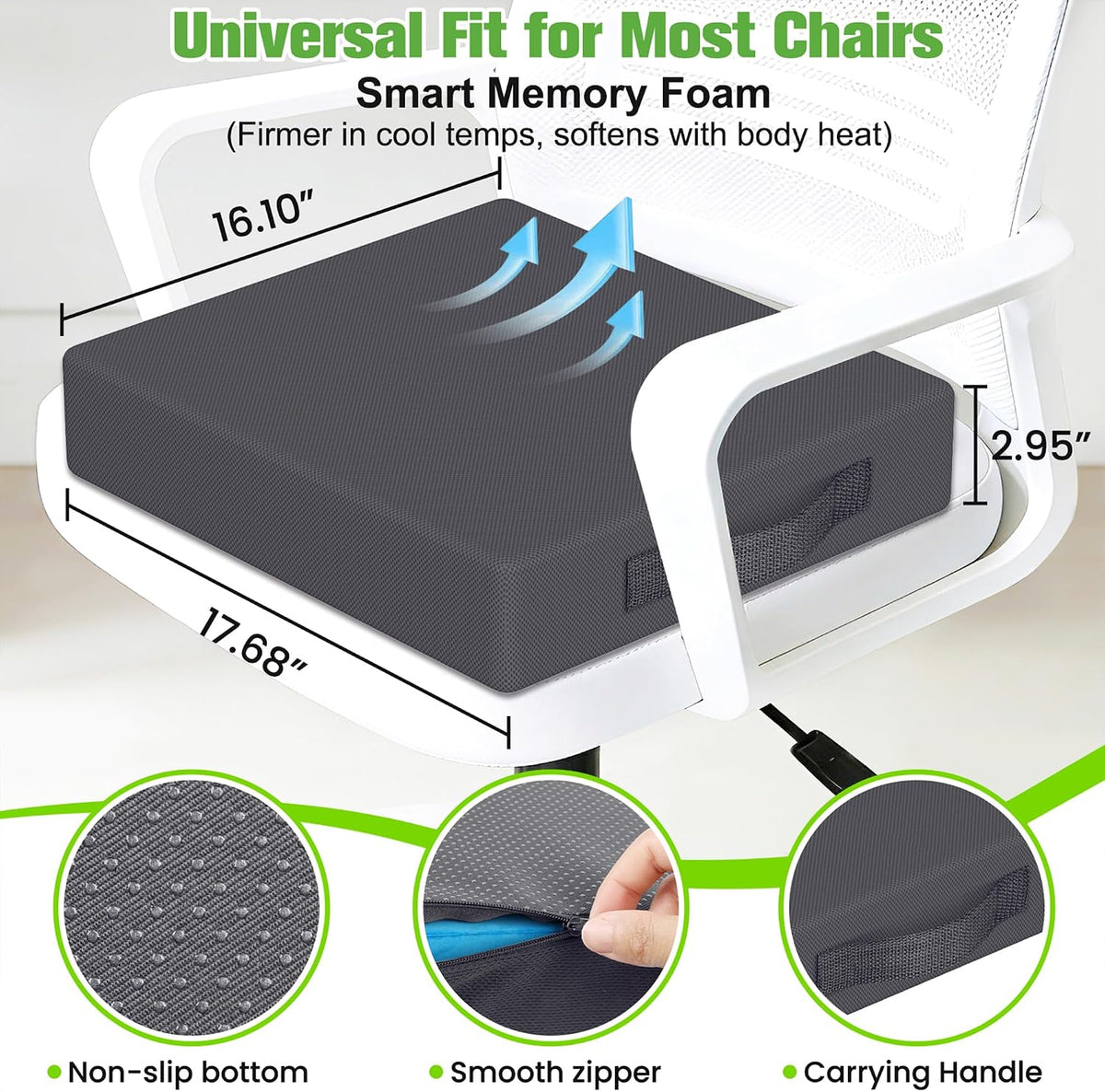 Seat Cushion for Office Chairs, Memory Foam Chair Cushion with Patterned Core for Even Support, Back, Tailbone & Sciatica Relief, Chair Pillow with Carry Handle for Car, Wheelchair(Gray