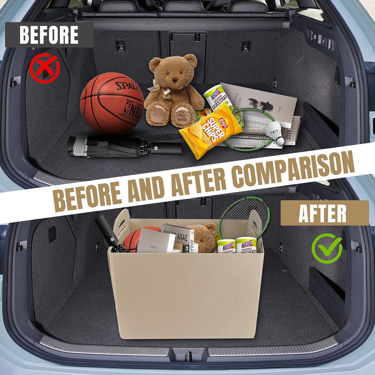 Hovom 2PCS Car Trunk Organizer, Foldable Trunk Organizer for SUV, Collapsible Felt Vehicle Organizers and Storage Box, Universal Felt Storage Basket, Travel Essentials, Car Accessories (Beige)