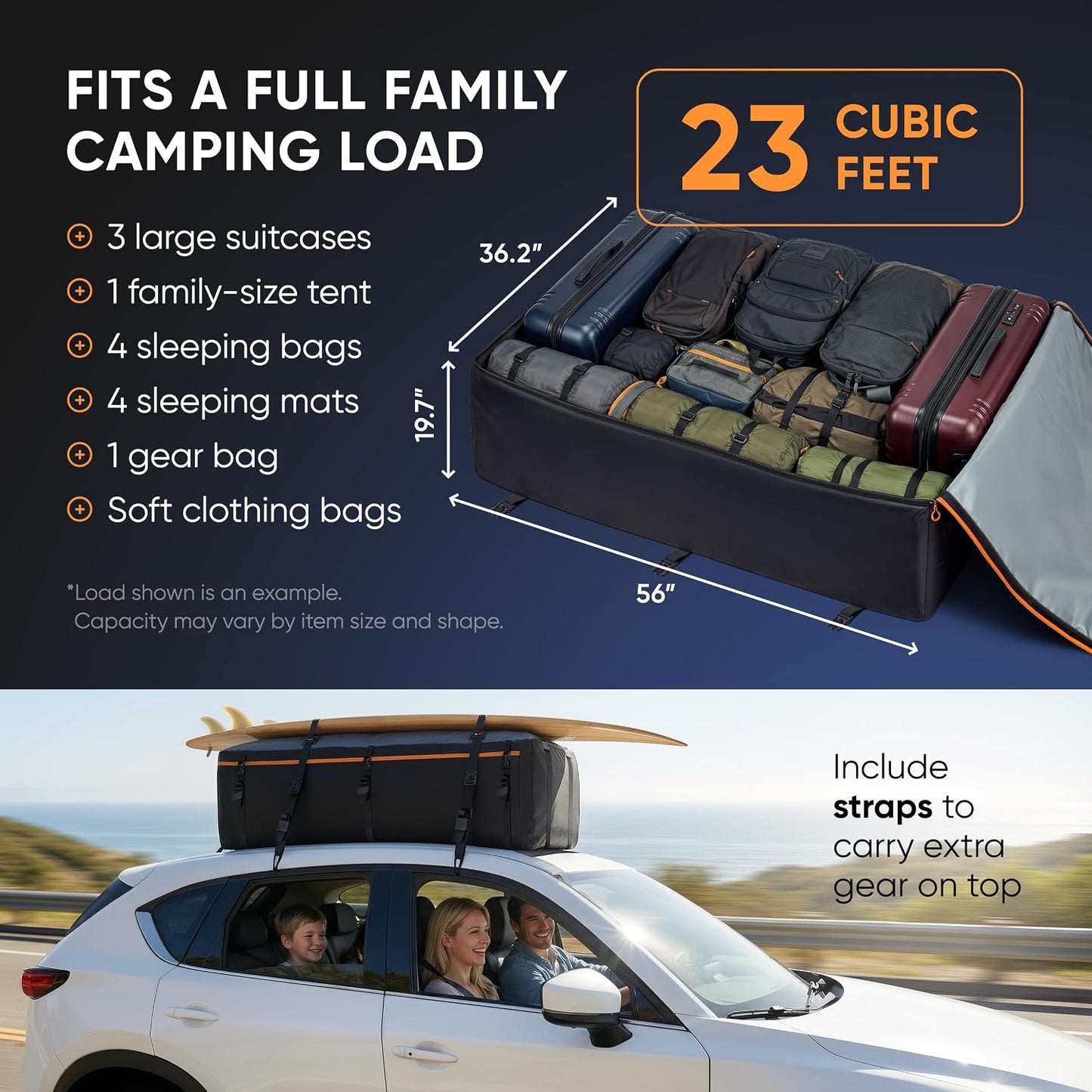 23 Cubic Feet Roof Bag – Safety Tested Heavy-Duty Waterproof Rooftop Cargo Carrier for All Cars & SUVs (with or Without Rack) – Includes Protective Mat & Storage Bag – Military-Grade 840D PVC