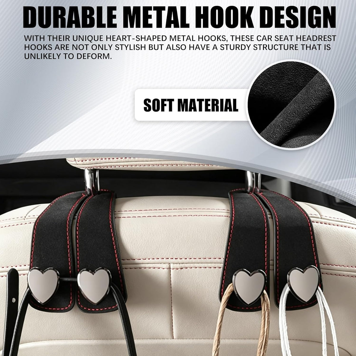 2PCS Car Seat Headrest Hook, Car Purse Holder, Suede Heart-Shaped Double Hooks Headrest Organizer, Heavy-Duty Multi-Functional Automotive Back Seat Phone Holder Universal for Most Vehicles