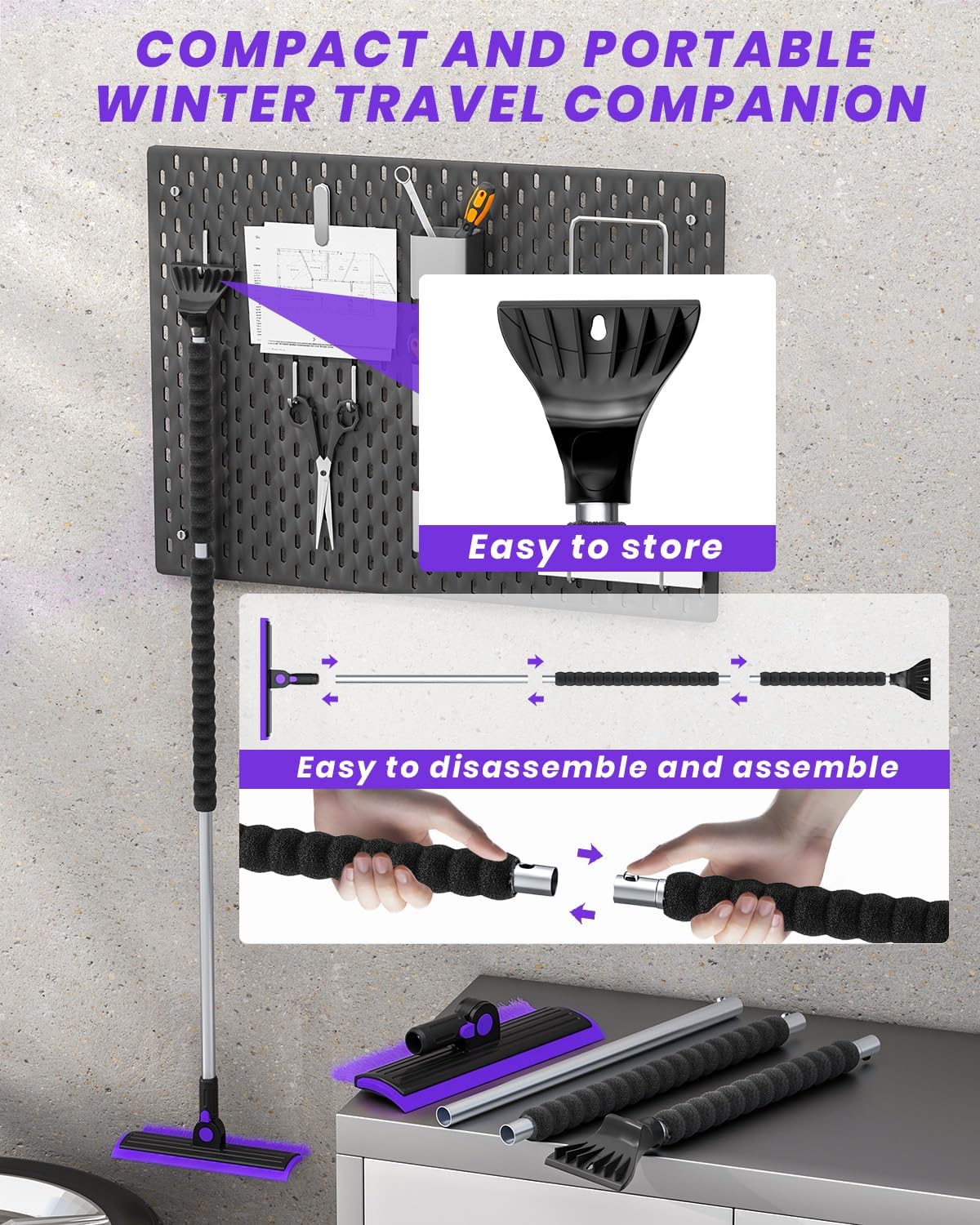 helloleiboo 55.7" Extra Long Ice Scraper with Snow Brush, Purple