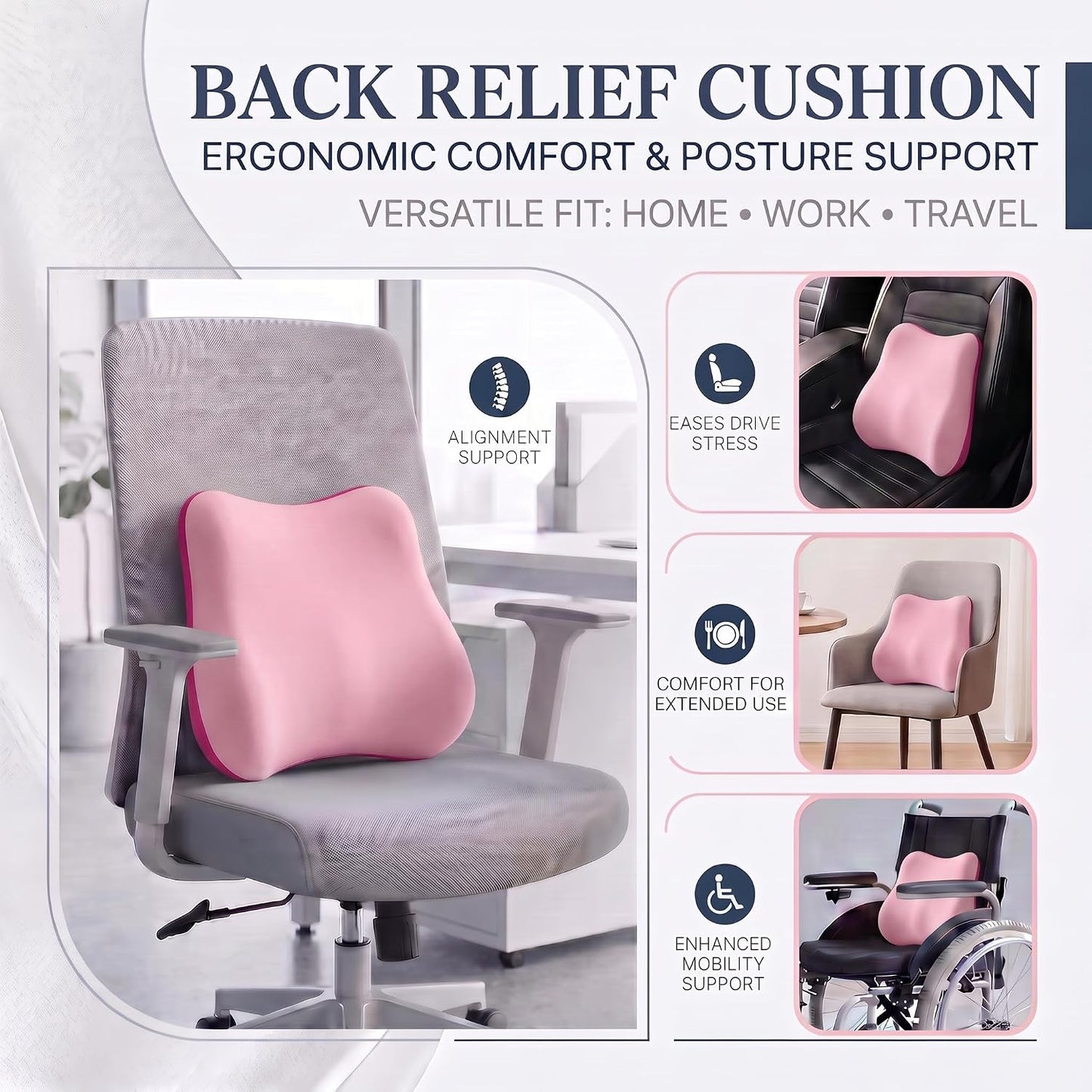 Lumbar Support Pillow, Ergonomic Memory Foam Back Cushion for Car Office Chair Gaming Chair, Washable Cool-Touch Cover for Lower Back Support (Pink)