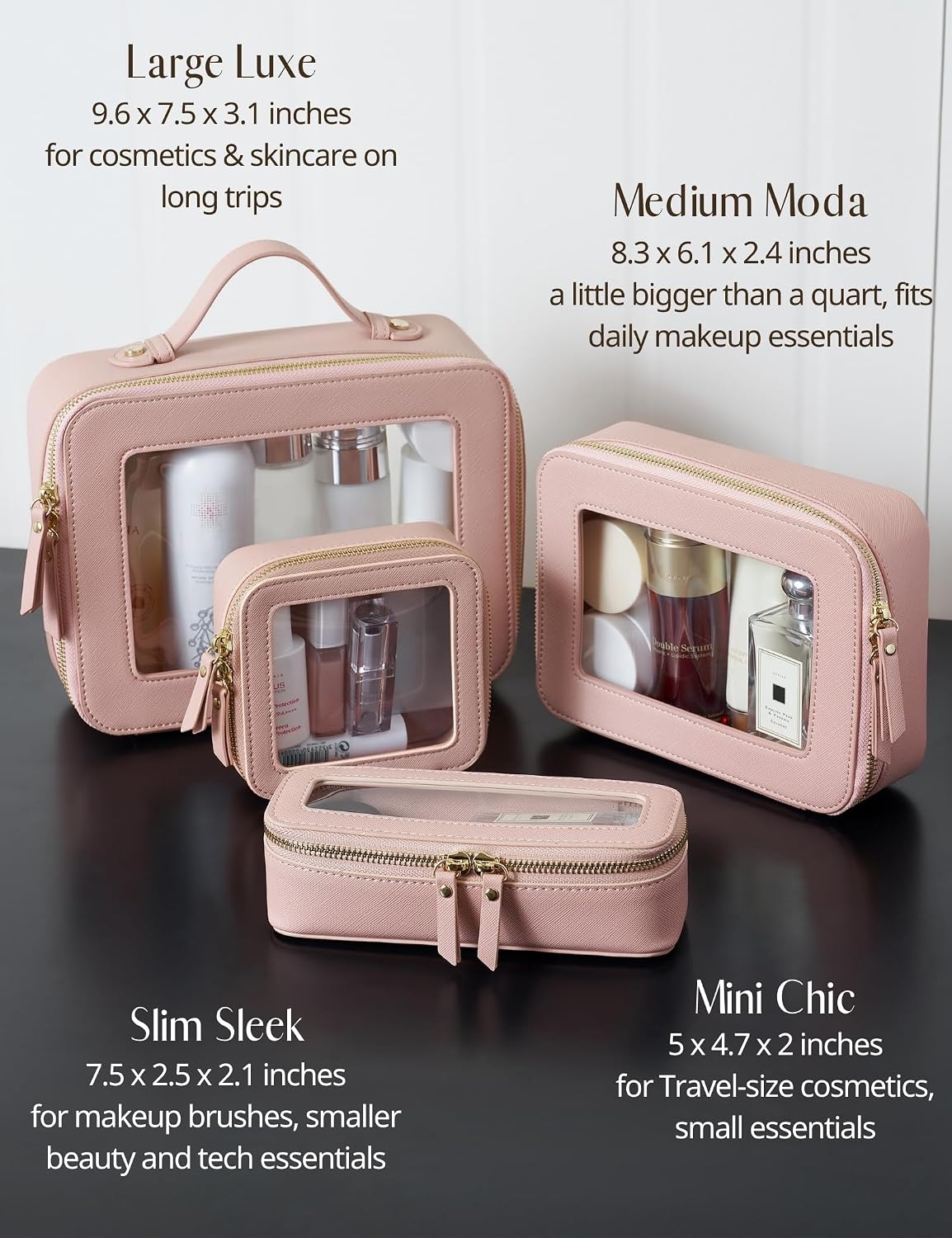 Popvibe Clear Makeup Bag with Zipper, Set of 2, Mini and Medium, Mauve Pink