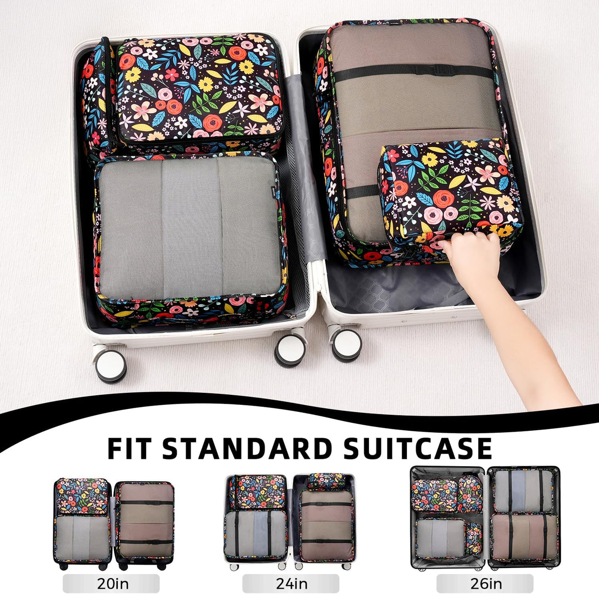 BAGAIL 8 Set Packing Cubes Luggage Packing Organizers for Travel Accessories-Black Floral