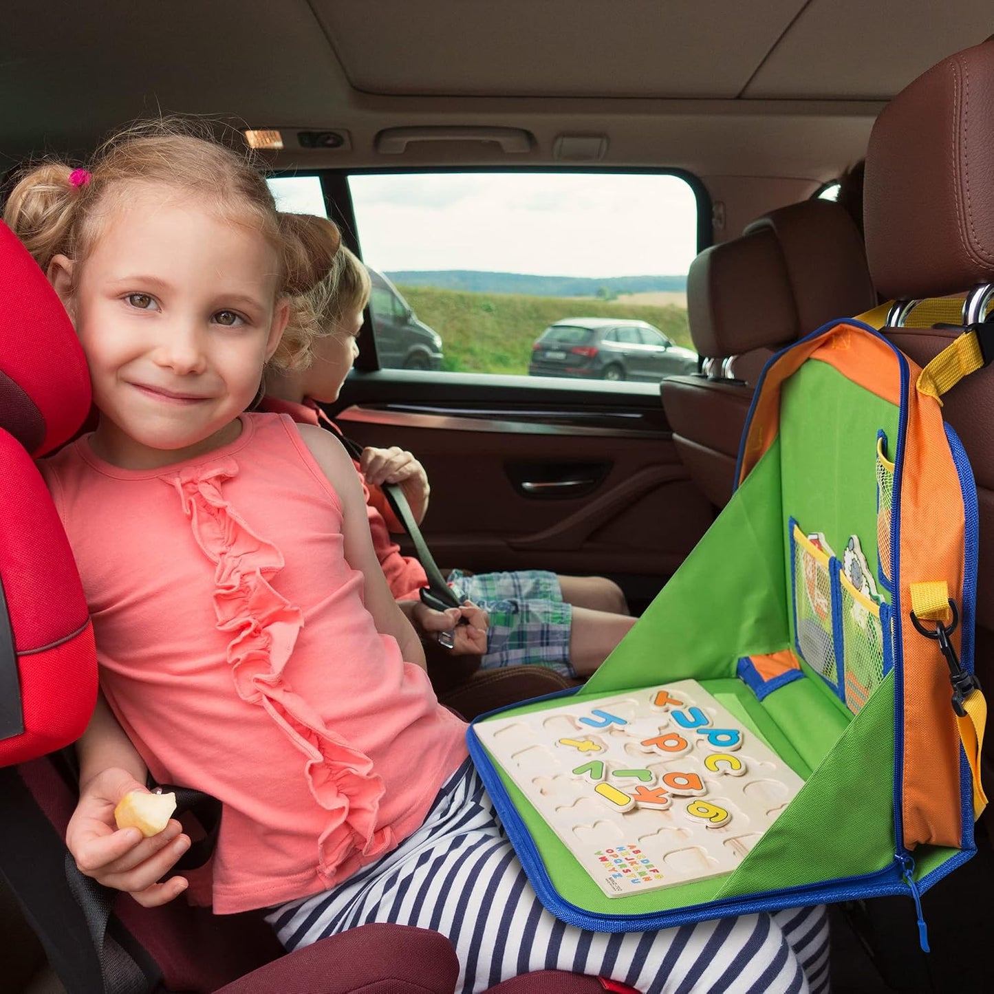 Car Organizer Back Seat for Kids & Tablet Holder for Car with Kick Mats & Lap Tray – Car Accessories Interior Must Have Road Trip Essentials (Age 3+) – Fold Away Tray with Car Seat Pocket Holders
