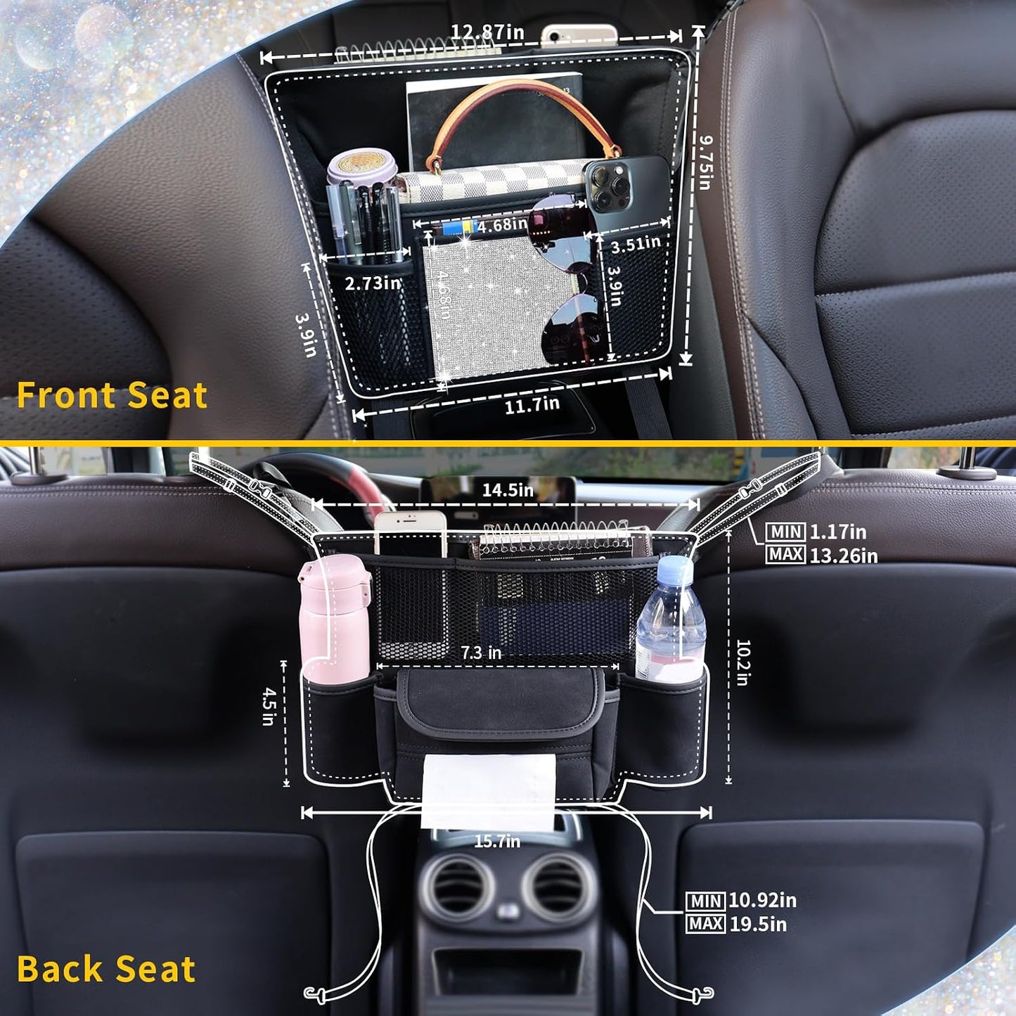 White Diamand Car Handbag Holder Between Seats Bling Crystal Car Storage Bag Large Capacity Purse Phone Ipad Automotive Consoles Organizer Safe Barrier of Backseat Pet Kids