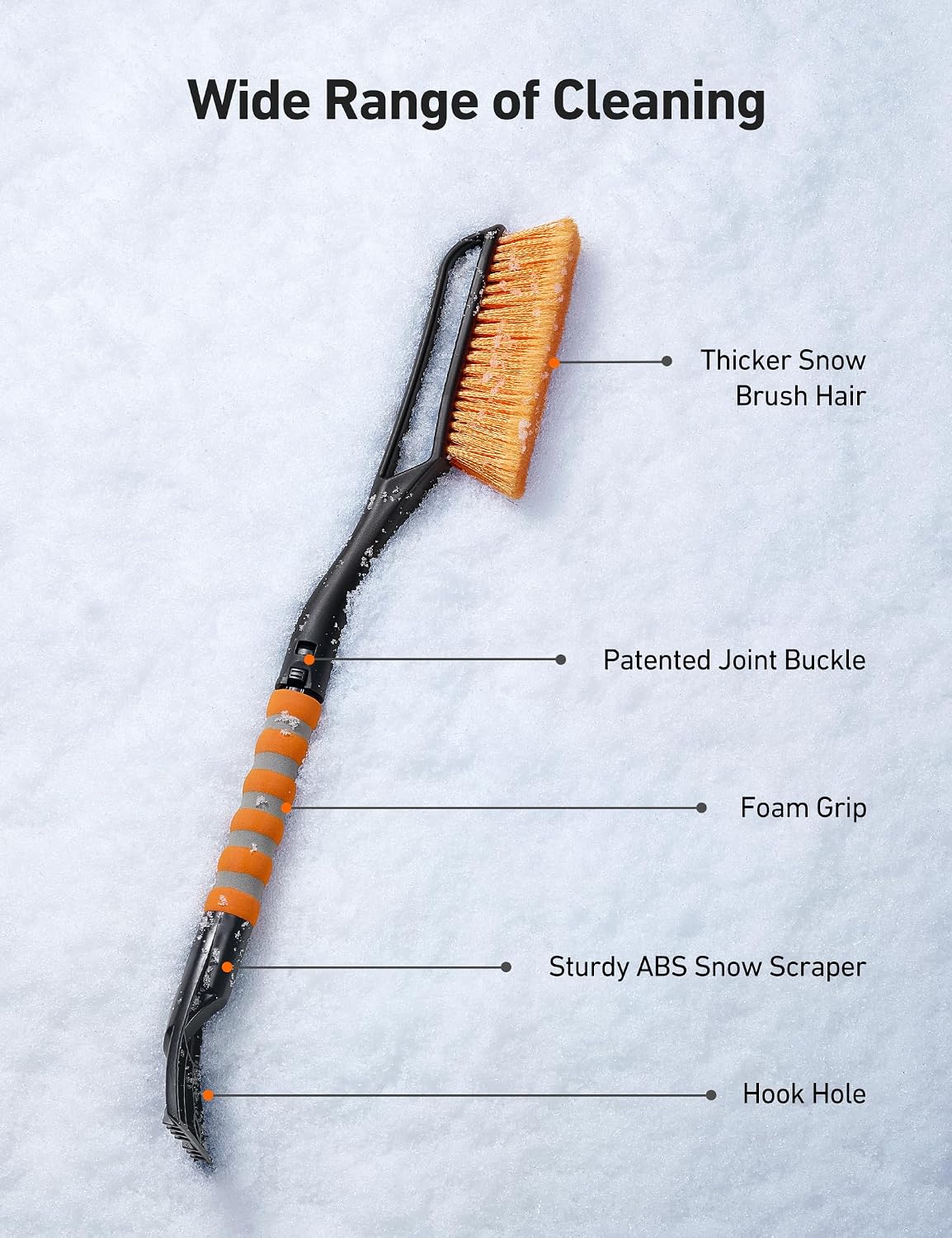 AstroAI 27" 2-in-1 Detachable Snow Brush &amp; Ice Scrapers for Car Windshield | Snow Removers with No-Scratch Bristles, Ergonomic Handles &amp; Easy Storage, Winter Accessories for Cars, SUVs, Trucks (Orange)