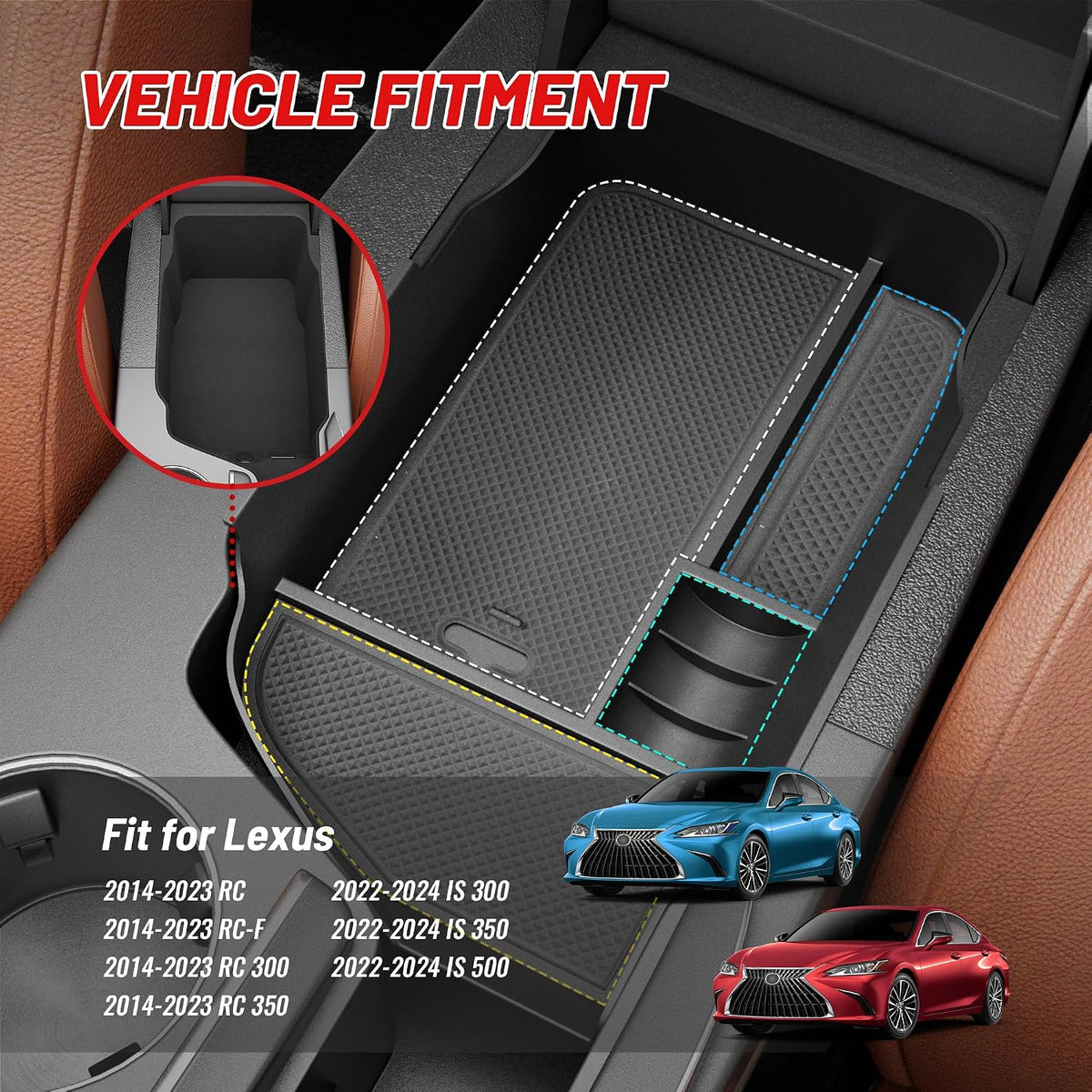 RED WOLF Center Console Organizer Tray for 2014-2024 Lexus RC 300 350 IS 350 500 Armrest Box Secondary Storage Factory Model Design with Anti-Slip Pad