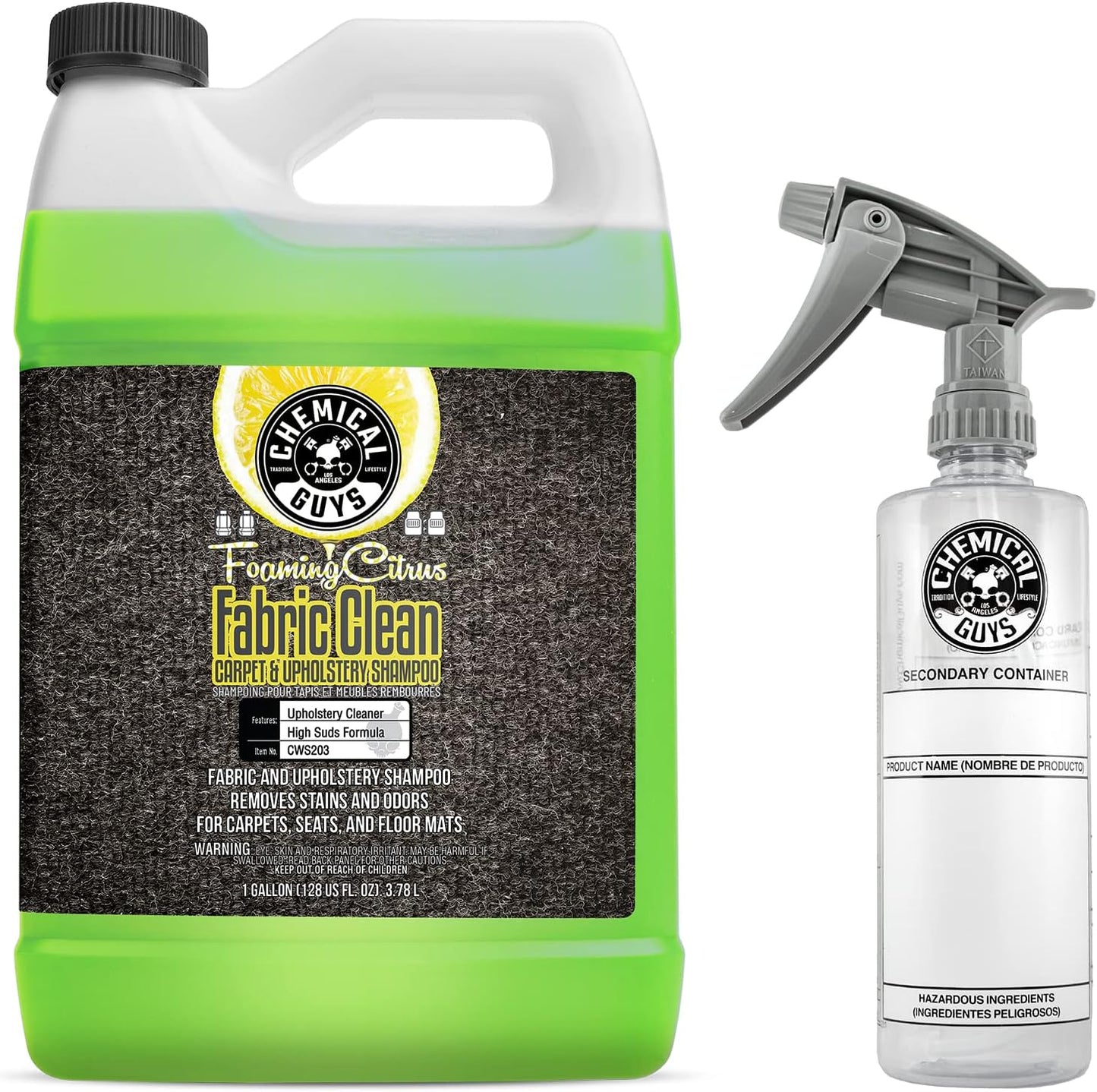 Chemical Guys CWS203 Foaming Citrus Fabric Clean Carpet & Upholstery Cleaner (Works on Car Carpets, Seats, Floor Mats & More), 128 fl oz (1 Gallon) with 16 oz, Spray Bottle (2 Item Bundle)