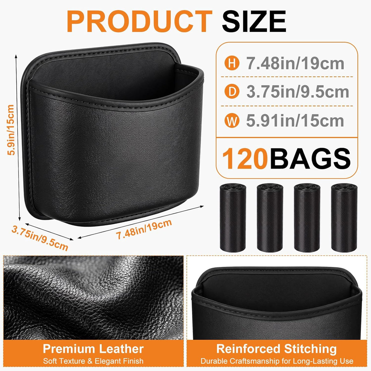 Leather Car Trash Can Hanging Car Garbage Bin with 4 Roll Trash Bag Leakproof Faux Leather Auto Garbage Container Easy Clean Vehicle Waste Basket for Suv, Truck, Sedan, Easy to Install, Black