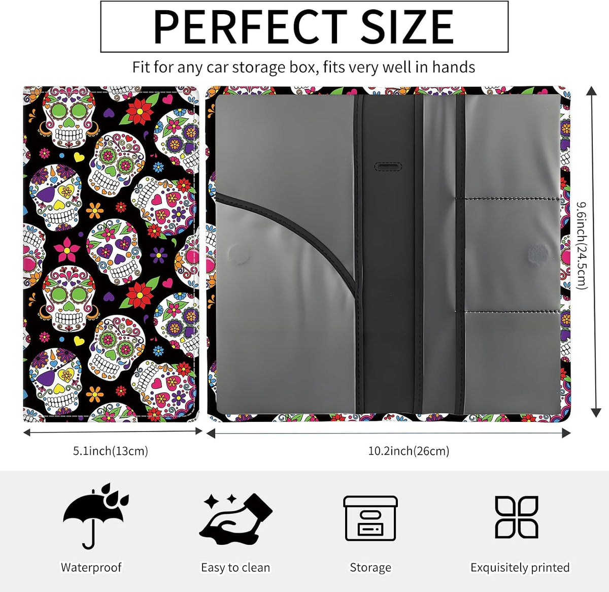 Premium Car Registration and Insurance Card Holder, Cute PU Leather Car Document Holder, Vehicle Glove Box Car Organizer with Magnetic Closure for Driver License, Cards Floral Skull