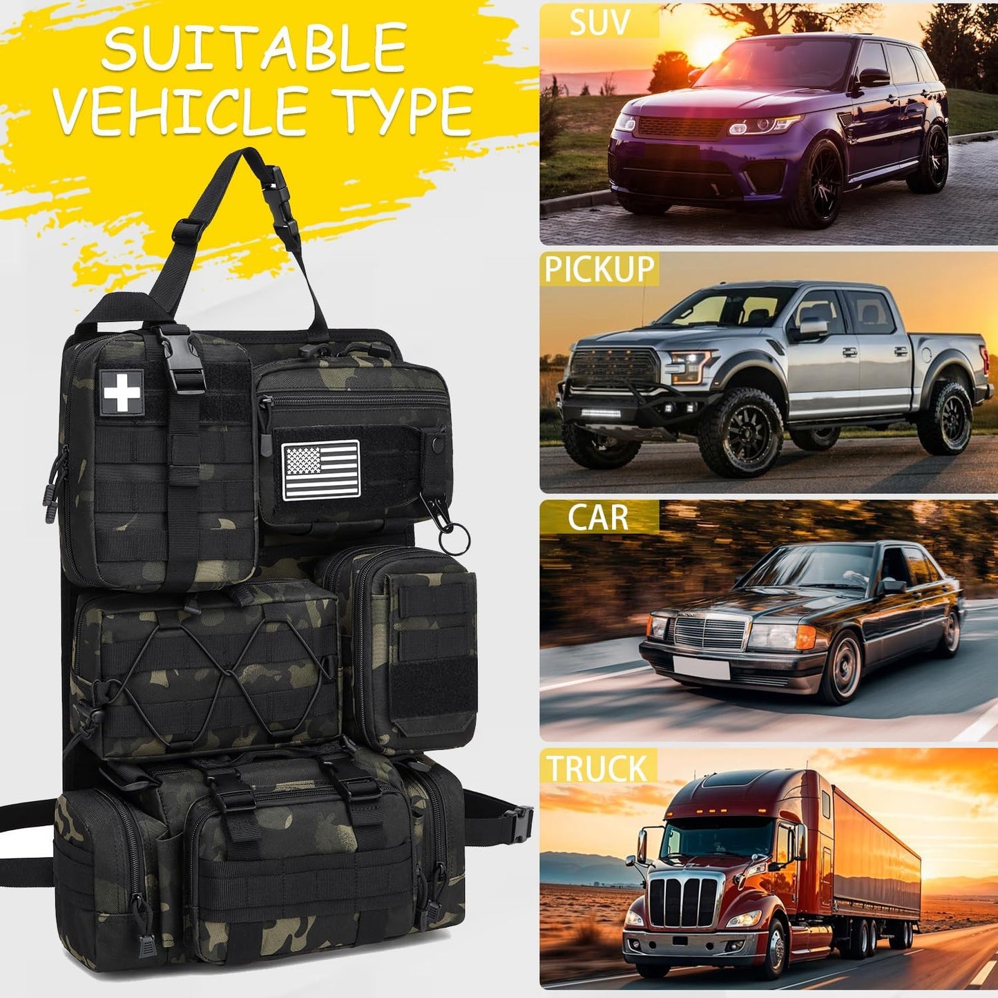 Tactical Car Seat Back Organizer, 2025 Upgrade Tactical Vehicle Panel Organizer with 5 Detachable Molle Pouch for Car Truck Ford Jeep Vehicle (Dark CM)