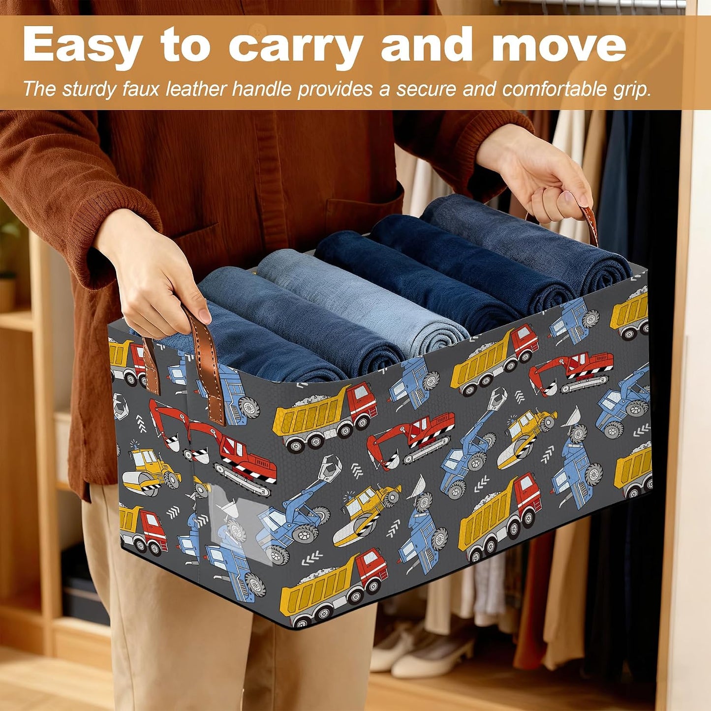 Storage Bins with Handles, Oxford Cloth Storage Basket with Sturdy Frame, Excavator Car Collapsible Organizer for Closet, Shelf, Clothes, Towels, Home Storage