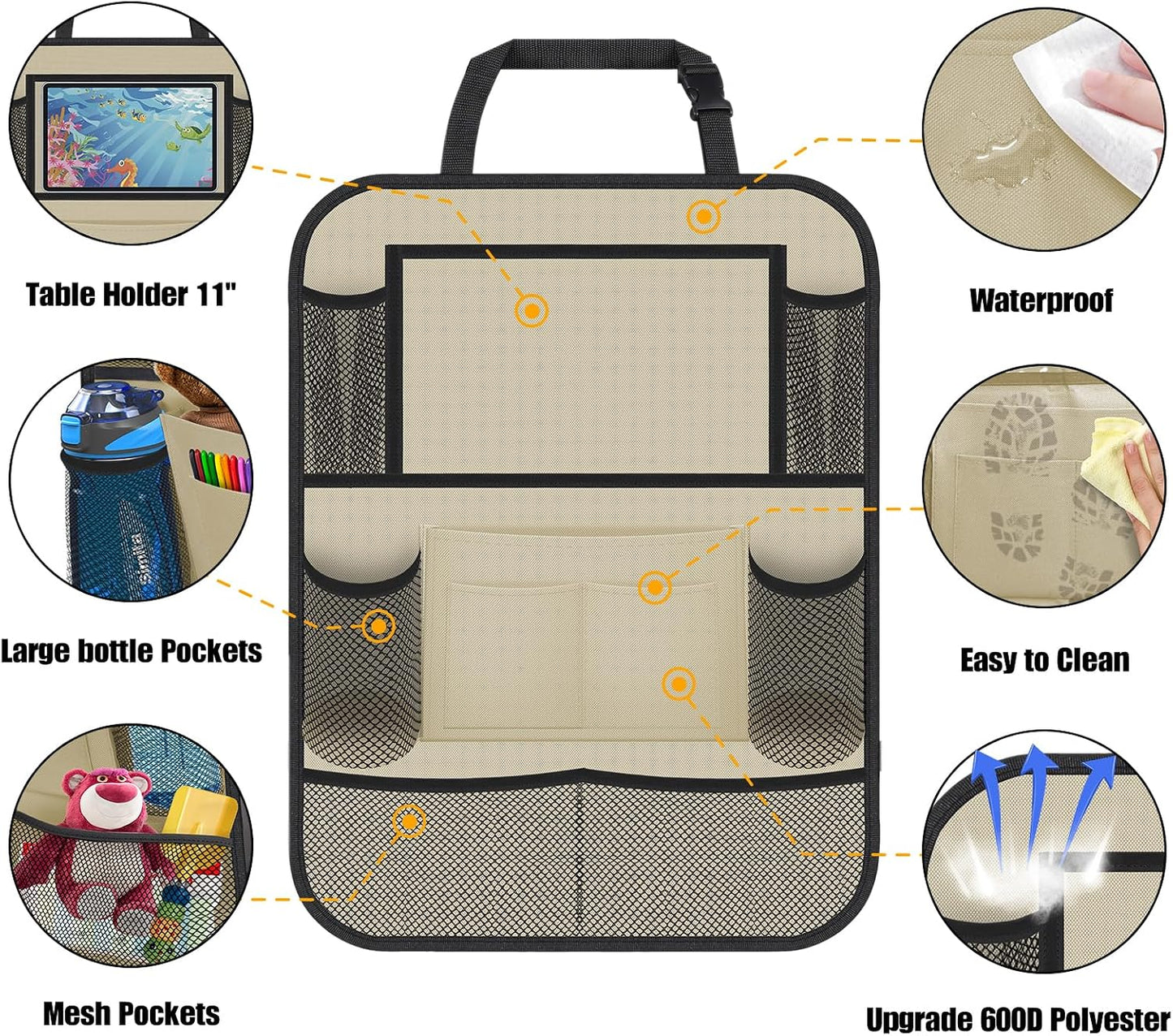 ULEEKA Car Backseat Organizer with 11" Table Holder, 10 Storage Pockets Seat Back Protectors Kick Mats for Kids Toddlers, Travel Accessories, 2 Pack, Beige