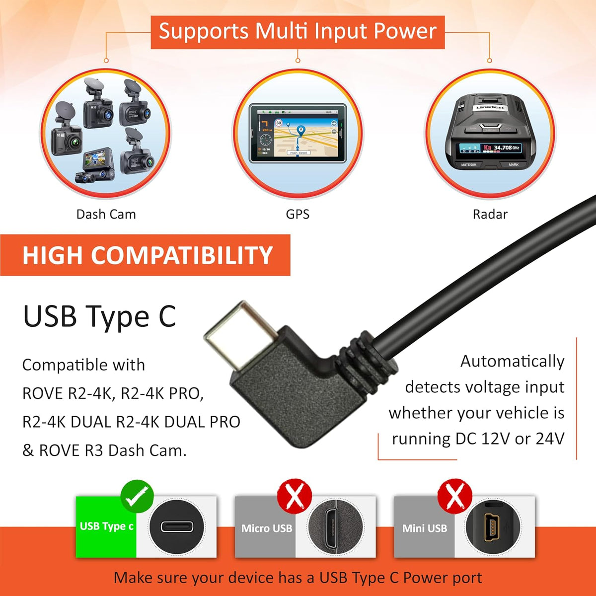 ROVE Ultimate Dash Cam Hardwire Kit, USB-C Port, 24Hr Parking Monitoring