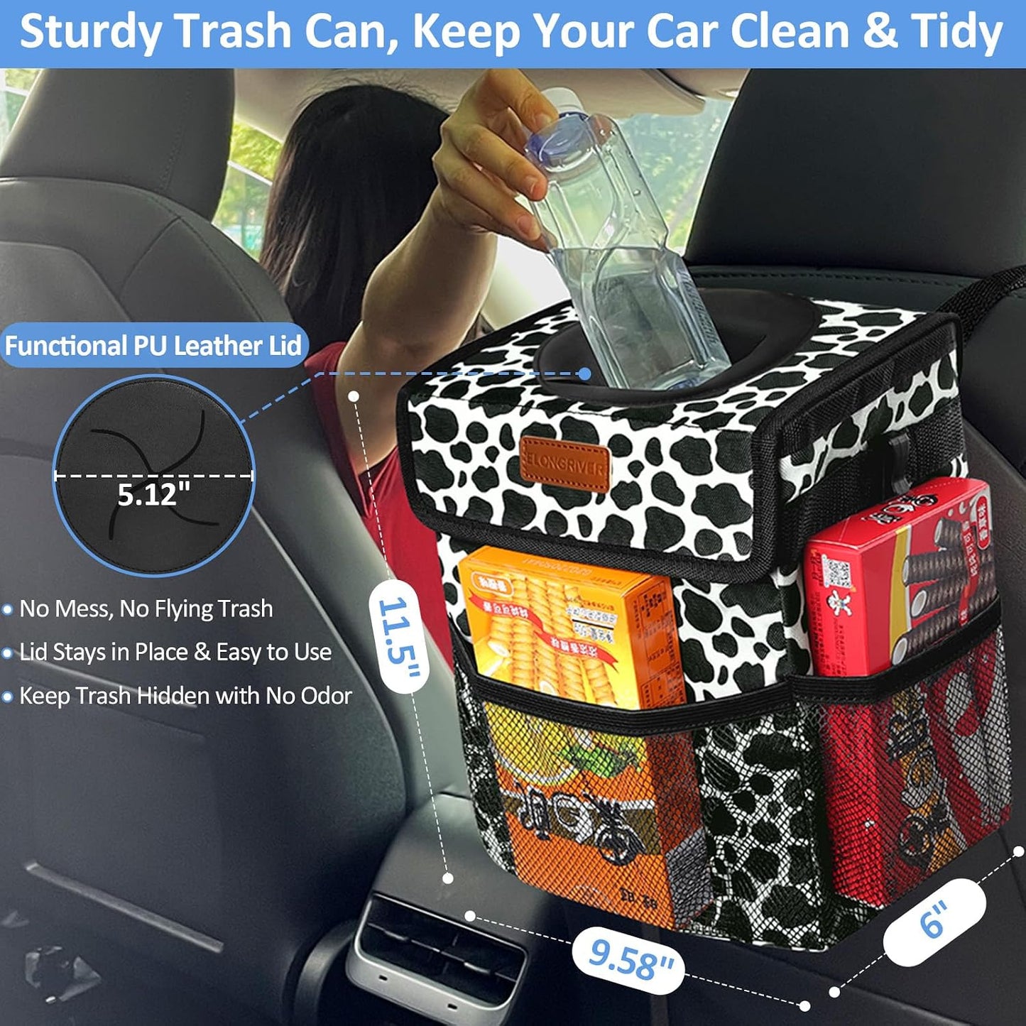 ELONGRIVER Car Trash Can Bin for Back Seat Leak Proof, Cute Car Trash Bag Hanging, Vehicle Trash Can for SUV Truck Van, Automotive Garbage Cans Front Seat Cow Print
