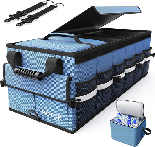 HOTOR Car Trunk Organizer - Trunk Organizer for SUV with Removable Cooler Bag, Foldable Cover, 3 Compartment Car Storage Essential Car Accessories for Truck, Van & Sedan, Blue, 33.1" x 12.6" x 11.0"