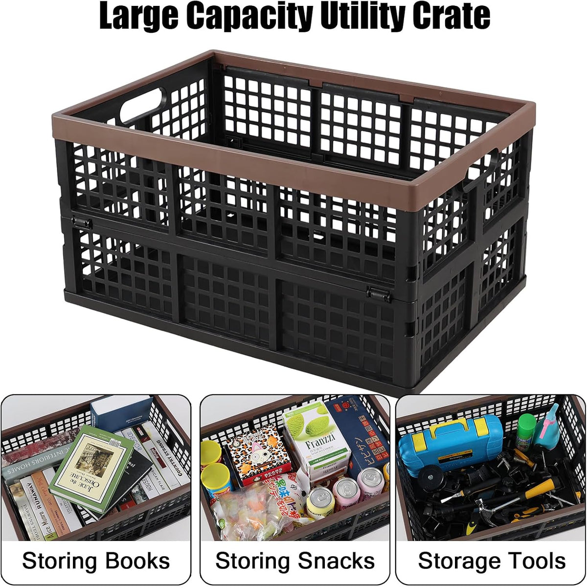 42 L Large Folding Utility Crates Plastic, 3 Packs Stackable Storage Bins, Collapsible Milk Crate