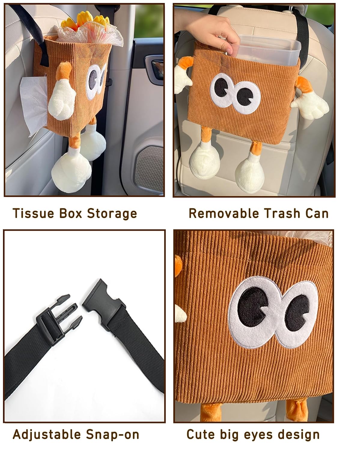 Car Cute 2 in 1 Trash Can with Tissue Holder Box Seat Back Bag Hanging over the Seat Organizer Plush Cartoon Animal Storage Garbage,Brown