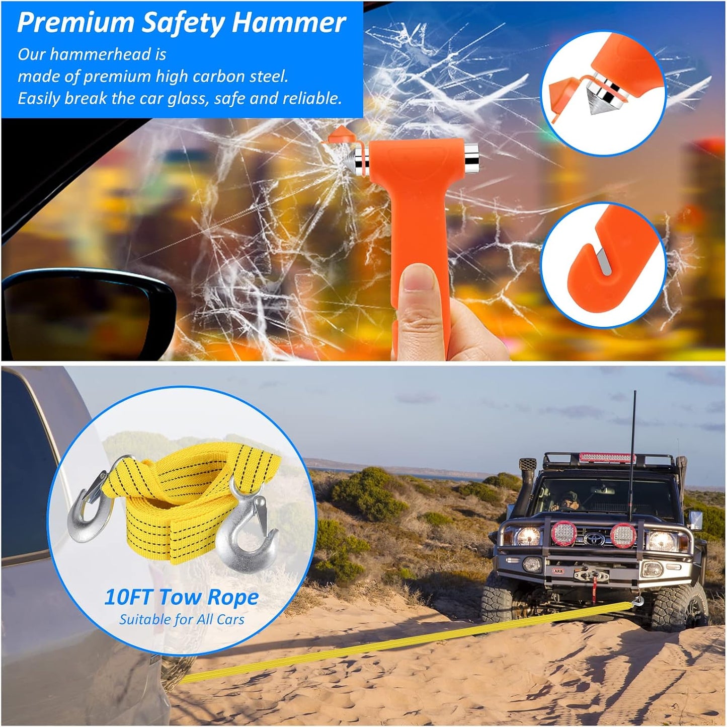 Car Emergency Kit with 2000A Car Battery Jump Starter- Car Roadside Emergency Kit, First Aid Kit, Tow Rope, Emergency Car Kit, Roadside Safety Tool Kit for Women, Men