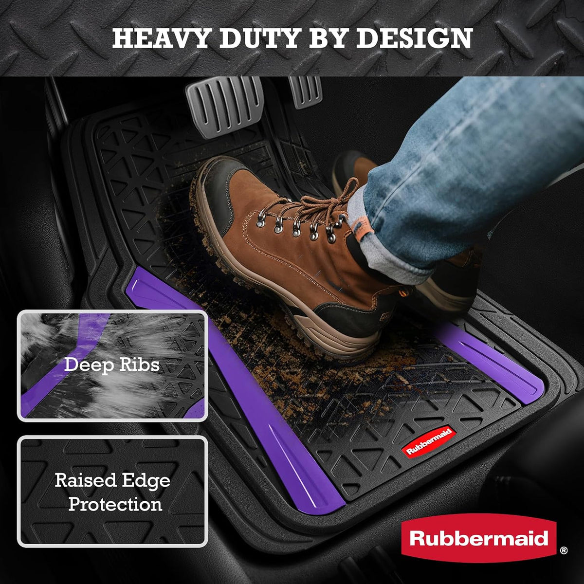 Rubbermaid Car Floor Mats Full Set,Premium Heavy Duty All-Weather Car Mats– Rugged Rubber with Brushed Aluminum Inserts, Universal Trim-to-Fit, Anti-Slip Backing for Cars, SUVs, Trucks & Vans - Purple
