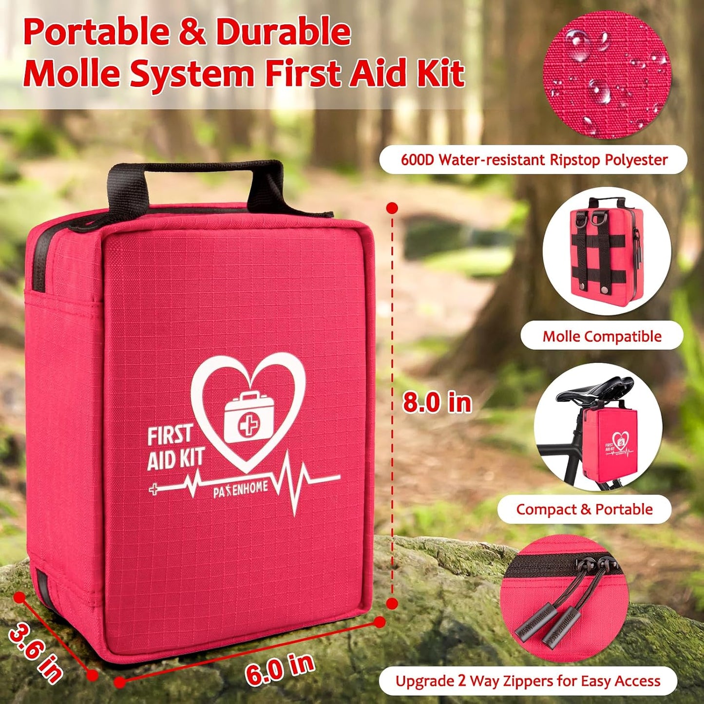 First Aid Kit with Rapid-Response Labeled Compartments, Compact Waterproof Emergency Kit with Molle Straps for Car, Camping, Home, Hiking, Travel