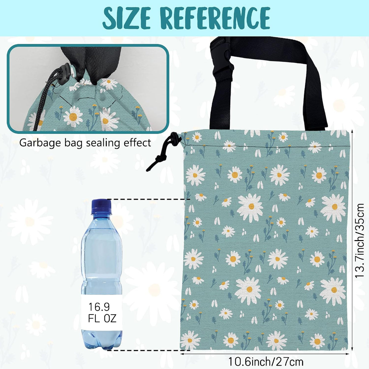 Car Garbage Bag Beautiful Blue Blooming Flowers Drawstring Car Trash Bag Hanging for Back Seat with Adjustable Buckle Canvas Vehicle Trash Can Easy-to-Install